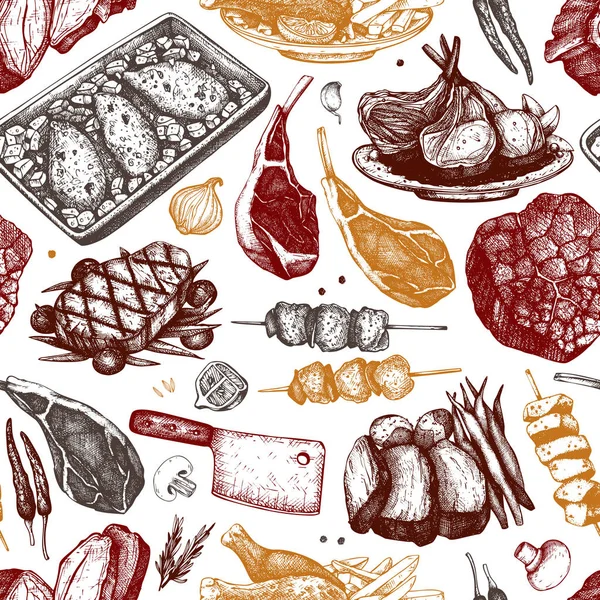 Vector backgorund with hand drawn food illustrations. Restaurant menu design. Meat products collection. Vintage seamless pattern. — Stock Illustration Vector Backgorund Hand Drawn Food Illustrations Restaurant Menu Design Meat Royalty Free Stock Vectors
