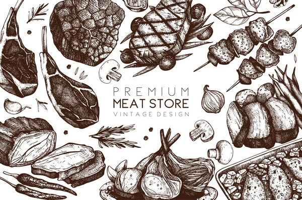 Vector backgorund with hand drawn food illustrations. Restaurant menu design. Meat products collection. Vintage seamless pattern. — Stock Illustration Vector Backgorund Hand Drawn Food Illustrations Restaurant Menu Design Meat Royalty Free Stock Vectors