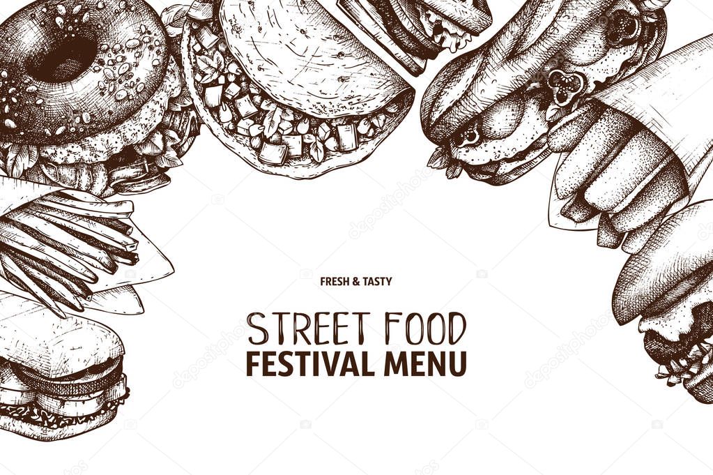 Street food festival menu. Vintage sketch collection. Fast food engraved style design. Vector drawing for logo, icon, label, packaging, poster.