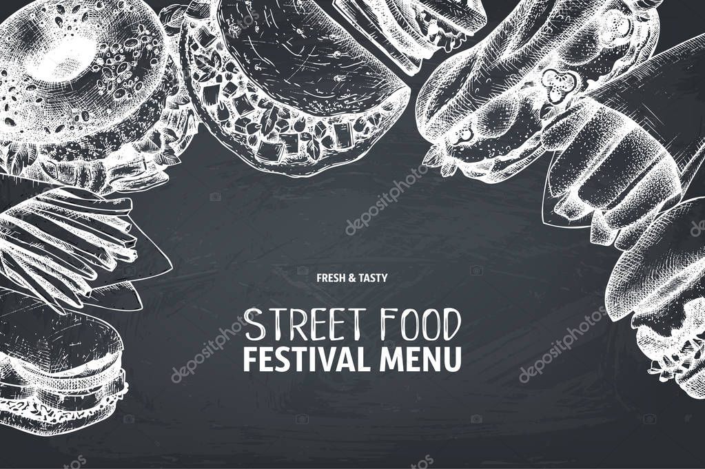 Street food festival menu. Vintage sketch collection. Fast food engraved style design. Vector drawing for logo, icon, label, packaging, poster.
