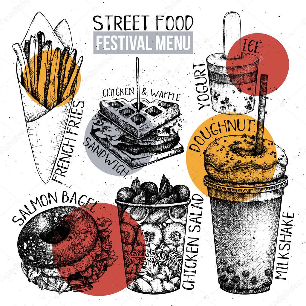 Street food festival menu. Vintage sketch collection. Fast food set . Vector french fries, waffle, yogurt ice, bagel, milkshake, chicken salad, doughnut drawings.