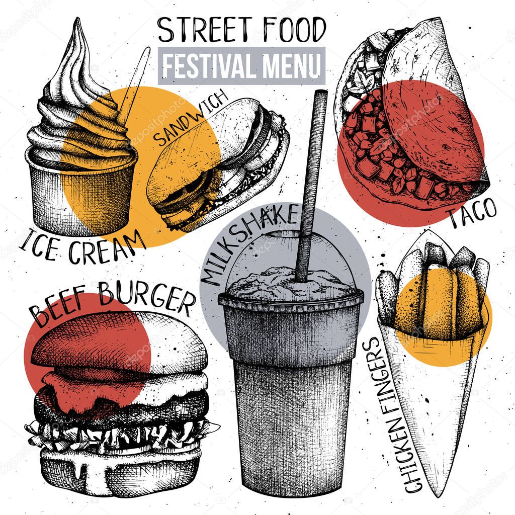 Street food festival menu. Vintage sketch collection. Fast food set. Engraved style template. Vector packaging design.