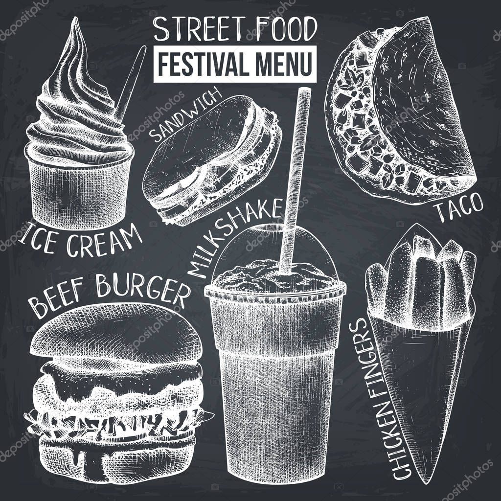 Street food festival menu. Vintage sketch collection. Fast food set on chalkboard. Vector ice cream, burger, milkshake, chicken fingers, sandwich, tacos drawings.