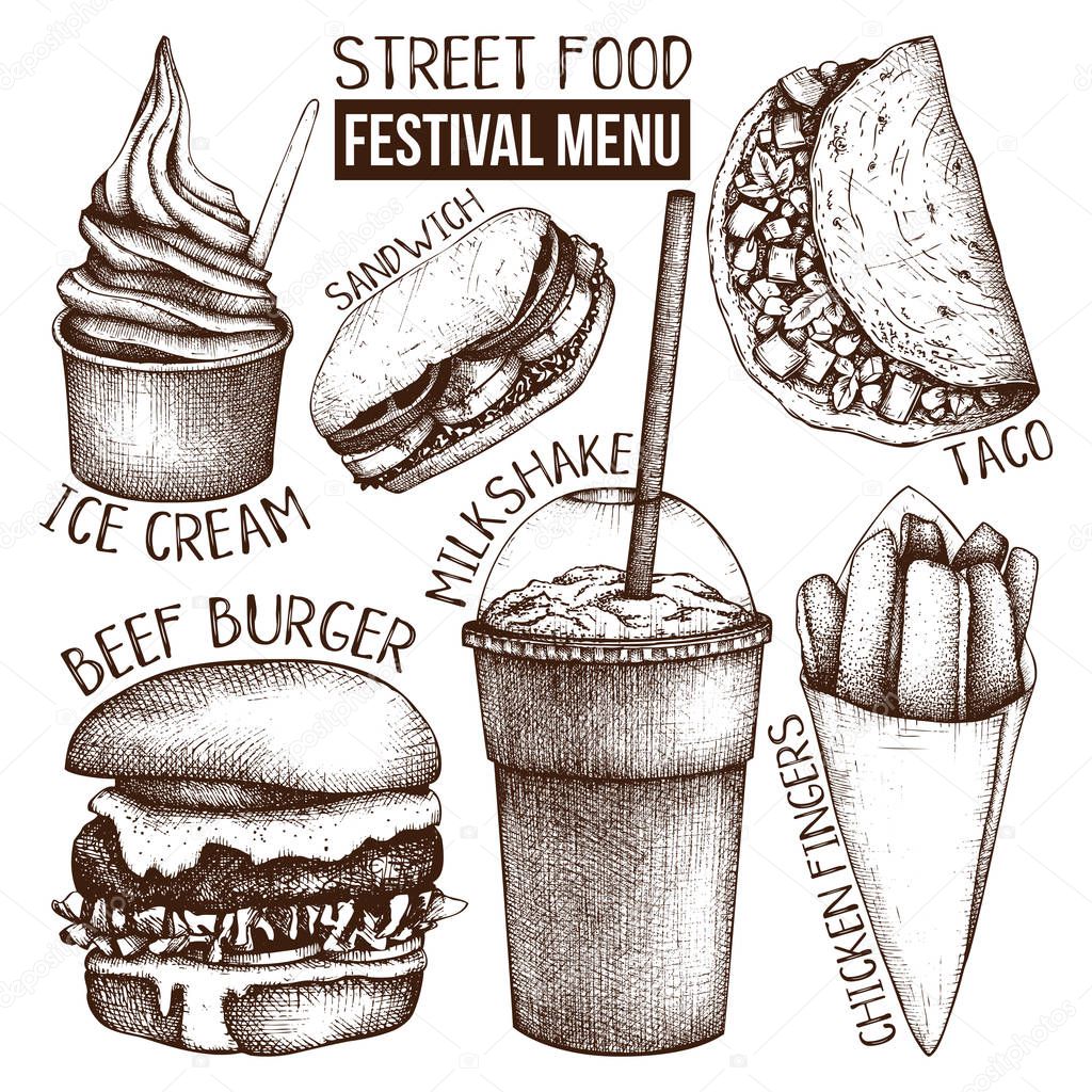 Street food festival menu. Vintage sketch collection. Fast food set. Vector ice cream, burger, milkshake, chicken fingers, sandwich, tacos drawings. Engraving style illustrations.