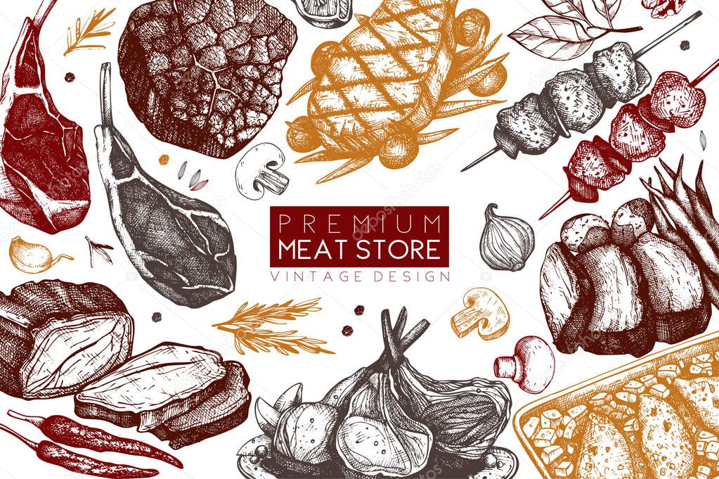 Vector backgorund with hand drawn food illustrations. Restaurant menu design. Meat products collection. Vintage seamless pattern.