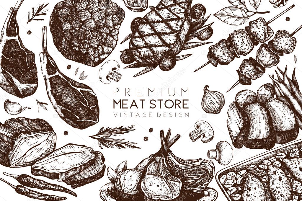 Vector backgorund with hand drawn food illustrations. Restaurant menu design. Meat products collection. Vintage seamless pattern.