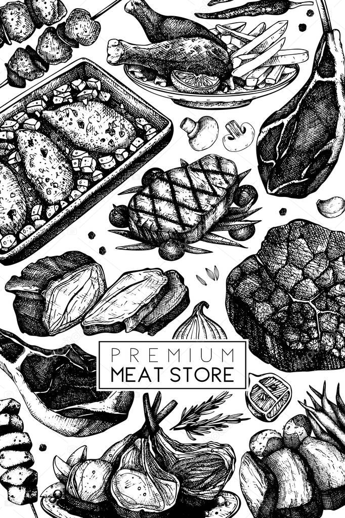 Vector frame with hand drawn food illustration.Top view design. Restaurant menu. Meat products collection. Vintage template 