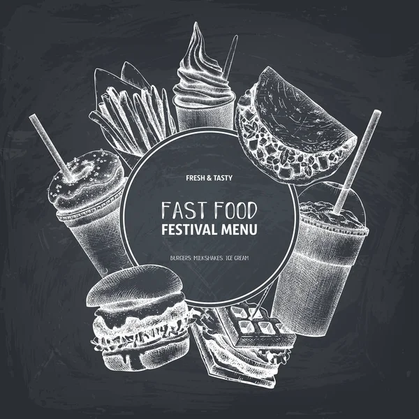 Cartaz Desenhado Mão Com Diferentes Tipos Fast Food — Vetor de Stock
