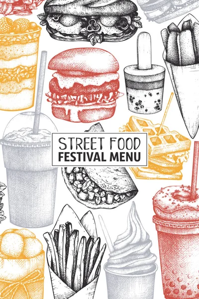 手画海报用不同种类快餐 — 图库矢量图片