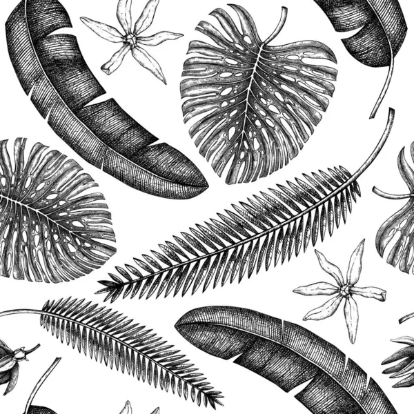 Plantes tropicales motif sans couture. Fond vectoriel avec dr main — Image vectorielle