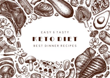 Ketogenik diyet vektör arka planı. Elle çizilmiş organik gıda ve süt ürünleri çizimleri. Keto diyet tasarım elementleri - et, sebze, tahıl, fındık, mantar. Menü, yemek tarifleri, afişler, el ilanları tasarımı için mükemmel.
