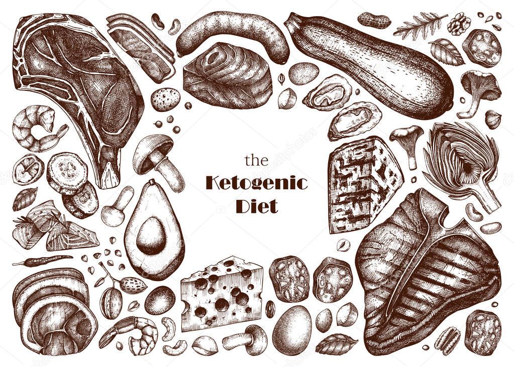 Ketogenic diet vector illustrations set. Hand drawn organic food  and dairy products sketches. Keto diet design elements - meat, vegetables, grains, nuts, mushrooms. Perfect for menu, recipes, banner, flyers design.