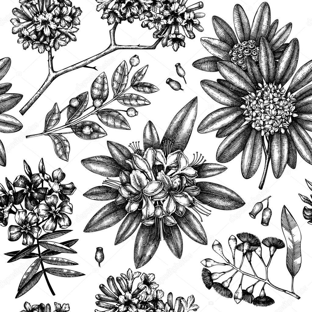 Exotic plants garden seamless pattern. With vintage flowers, evergreen, flowering plants. Vector design with hand drawn botanical elements.  For wrapping paper, greeting cards, banners, packaging.