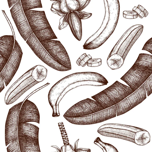 Fondo Dibujado Mano Plátano Flor Plátano Frutas Hojas Palmera Patrón — Vector de stock