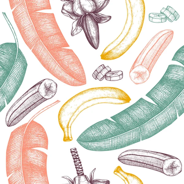 香蕉手绘背景 香蕉花 棕榈叶无缝花纹 热带水果病媒绘图 异国植物古埃及素描 在雕刻风格 健康食品背景 — 图库矢量图片