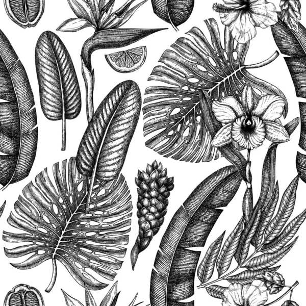Patrón inconsútil de flora tropical. Plantas tropicales, flores exóticas — Archivo Imágenes Vectoriales