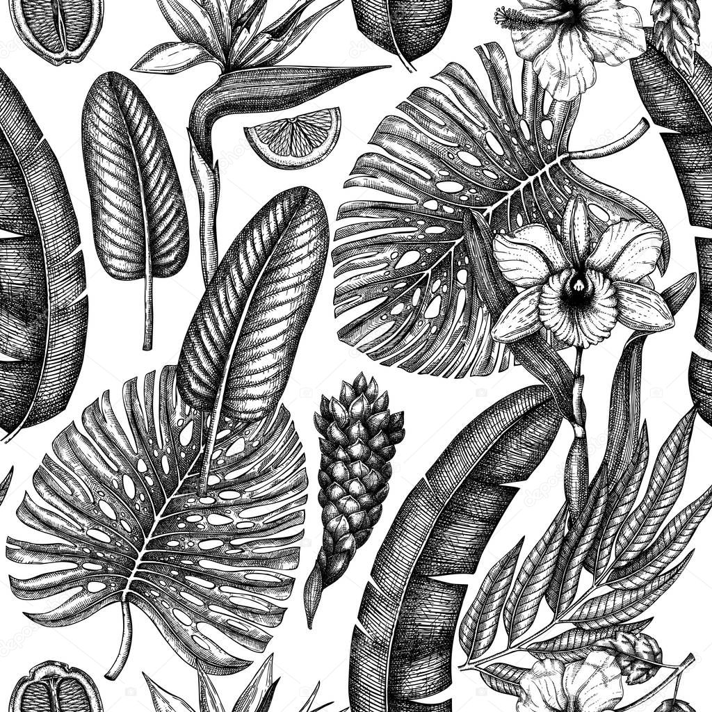 Tropical flora seamless pattern. Tropical plants, exotic flowers