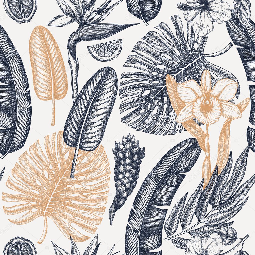 Tropical flora seamless pattern. Tropical plants, exotic flowers