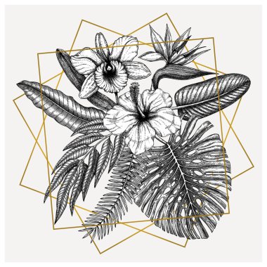 Tropik çiçek vektör bileşimi. Bir buket egzotik çiçek.