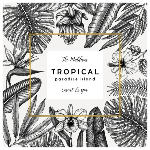 Carte de voeux de mariage tropical ou design d'invitation. Cadre vectoriel — Image vectorielle