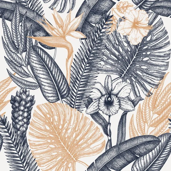 Flore tropicale motif sans couture. Plantes tropicales, fleurs exotiques — Image vectorielle