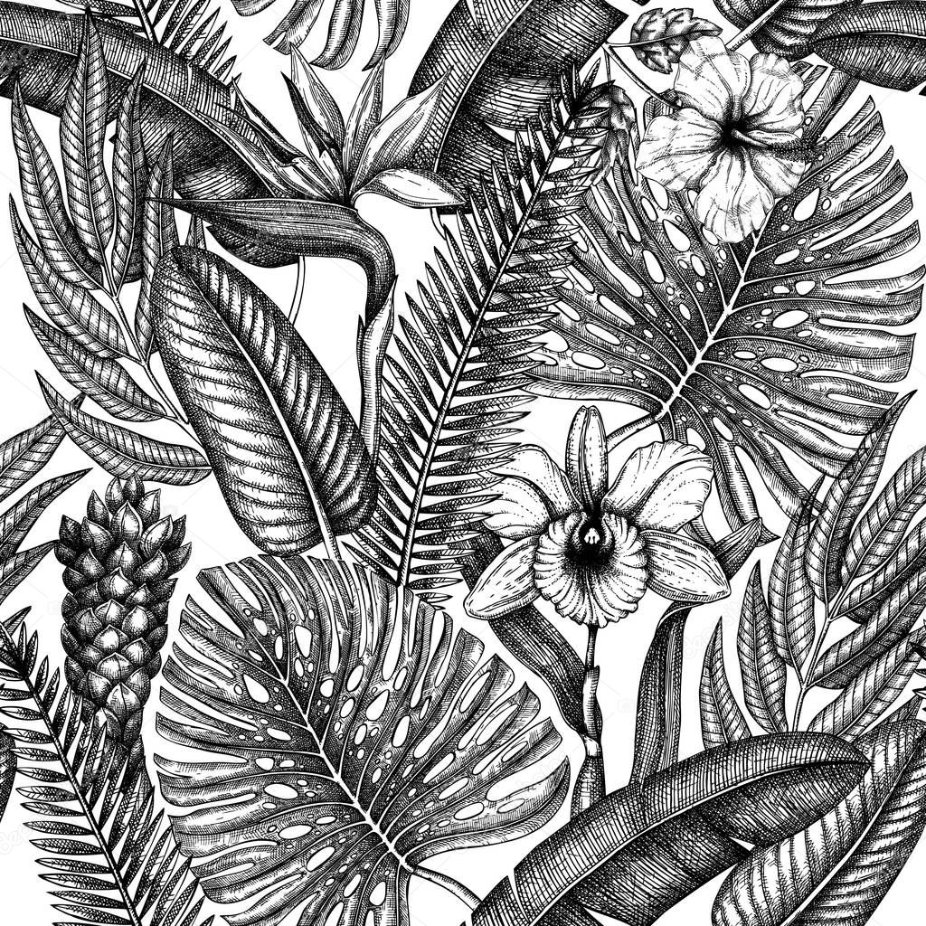 Tropical flora seamless pattern. Tropical plants, exotic flowers