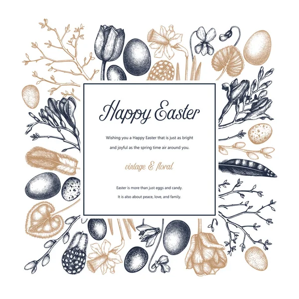 ハッピーイースターの日のデザイン 春のバナー グリーティングカードや流行の花の要素との招待状 手描き春イラスト 白の背景に隔離されたヴィンテージイースターテンプレート — ストックベクタ