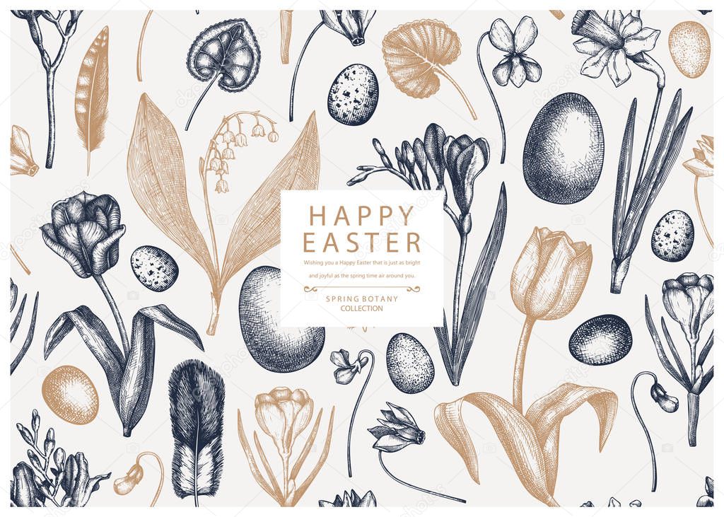 Easter seamless pattern. With spring flowers, bird feathers, eggs and floral elements. Hand drawn botanical illustrations. Spring plants sketches. Vector Easter invitation or greeting card template. 