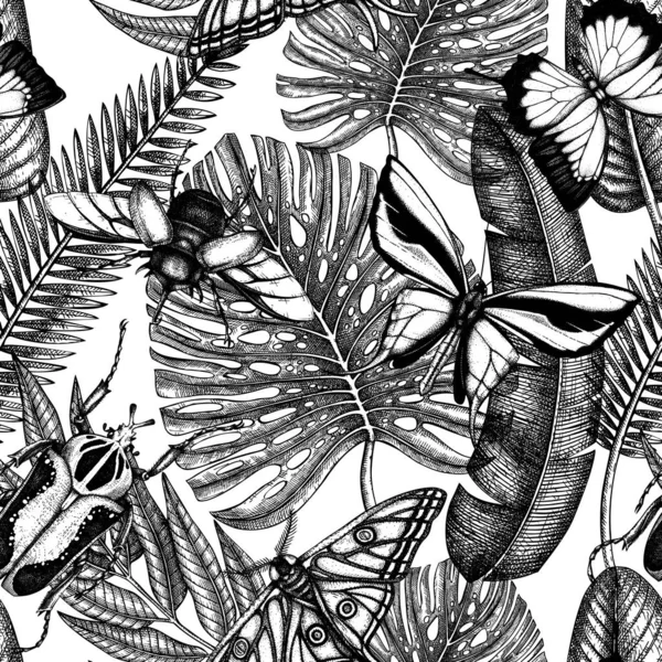 Insectos tropicales patrón sin costura. Fondo vectorial con mano dra — Vector de stock