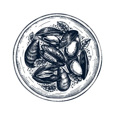Cooked mussels with herbs on plate illustration.  clipart