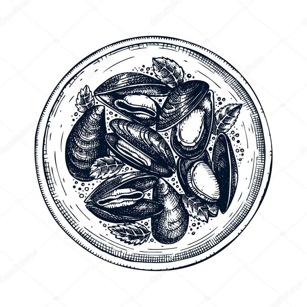 Cooked mussels with herbs on plate illustration. 
