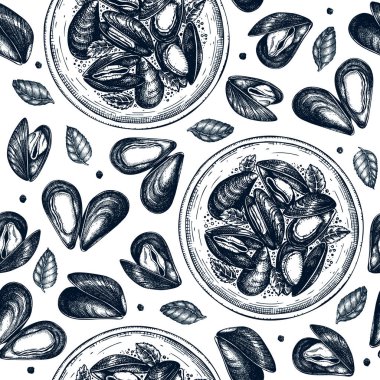 Hand drawn cooked mussels on platter with herbs seamless pattern