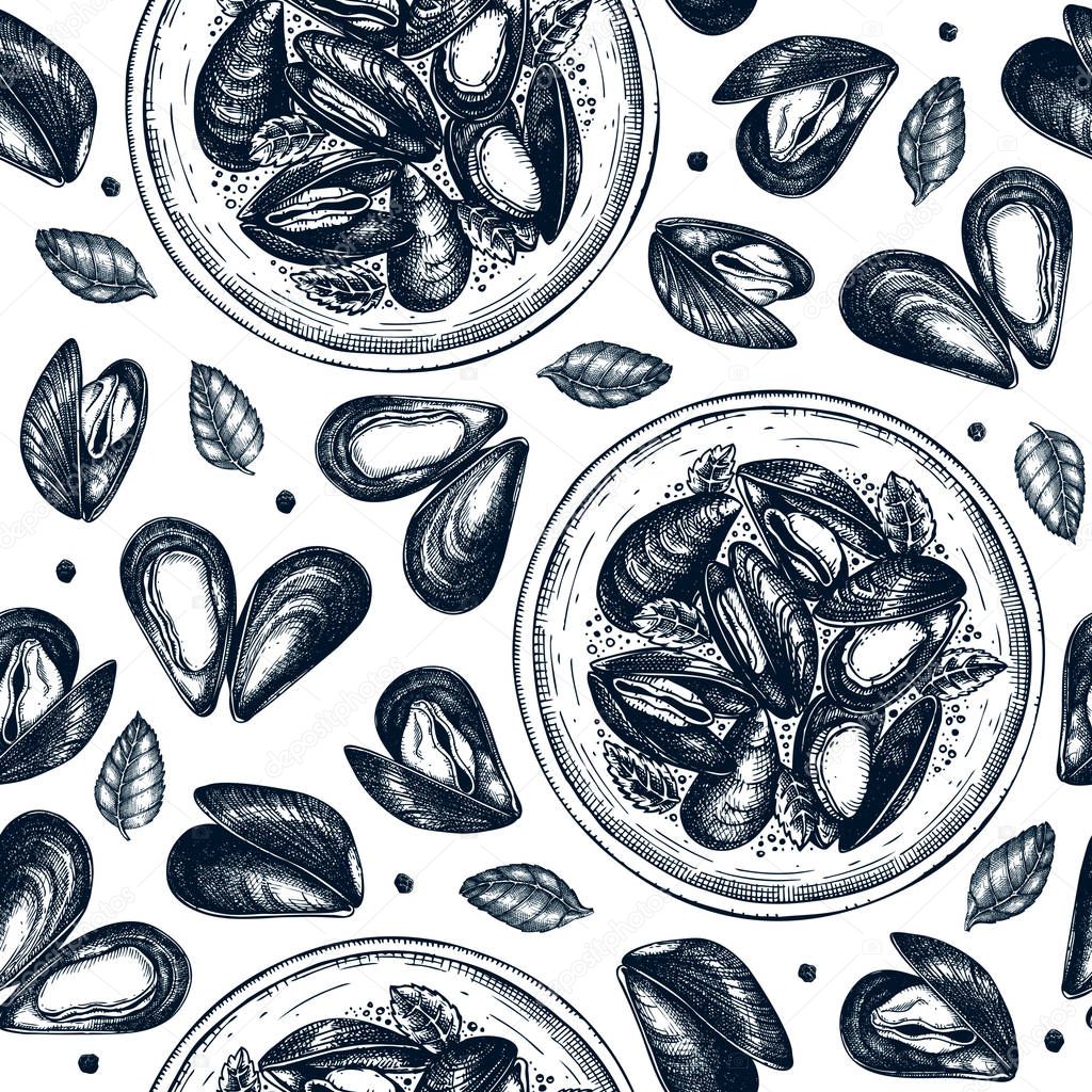 Hand drawn cooked mussels on platter with herbs seamless pattern