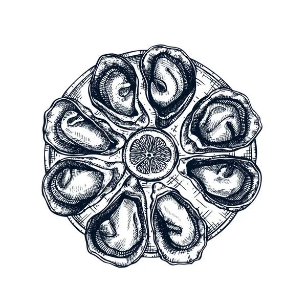 Gekookte oesters met citroen op plaat illustratie. Schelpdieren en schaaldieren — Stockvector