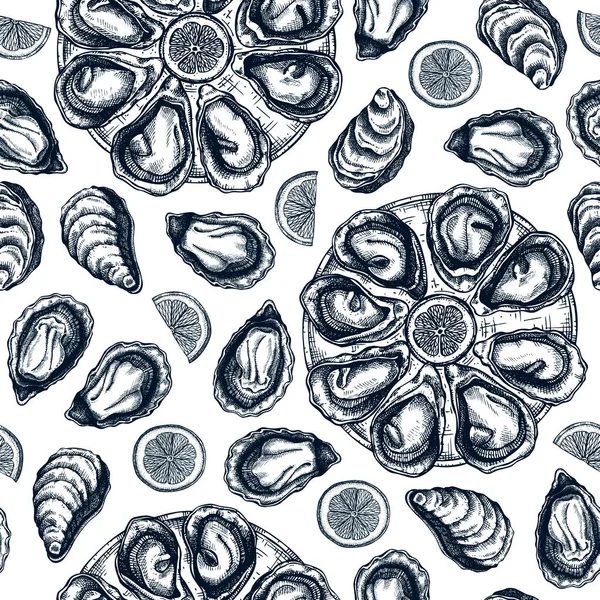 Hand drawn cooked oysters on platter with lemon seamless pattern — 스톡 벡터