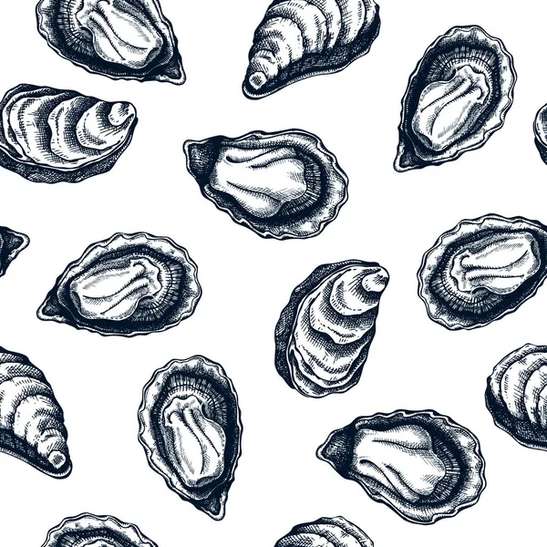 Hand drawn oyster shells seamless pattern. Vector package, banne — Stock Vector