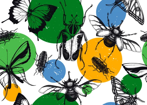 Insectes tropicaux motif sans couture. Fond vectoriel avec dra main — Image vectorielle