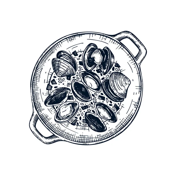 Gekookte mosselschelpen in potillustraties. Schelpdieren en zeevruchten — Stockvector