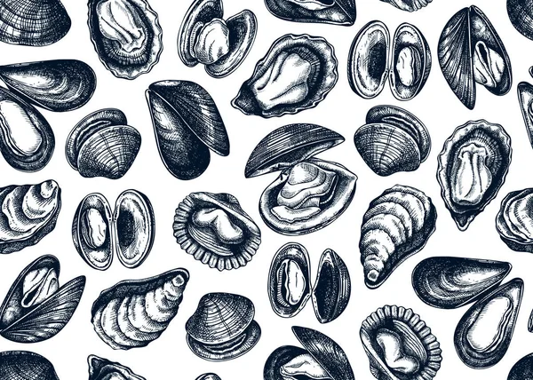 Mollusques marins comestibles dessinés à la main motif sans couture. Emballage vectoriel — Image vectorielle