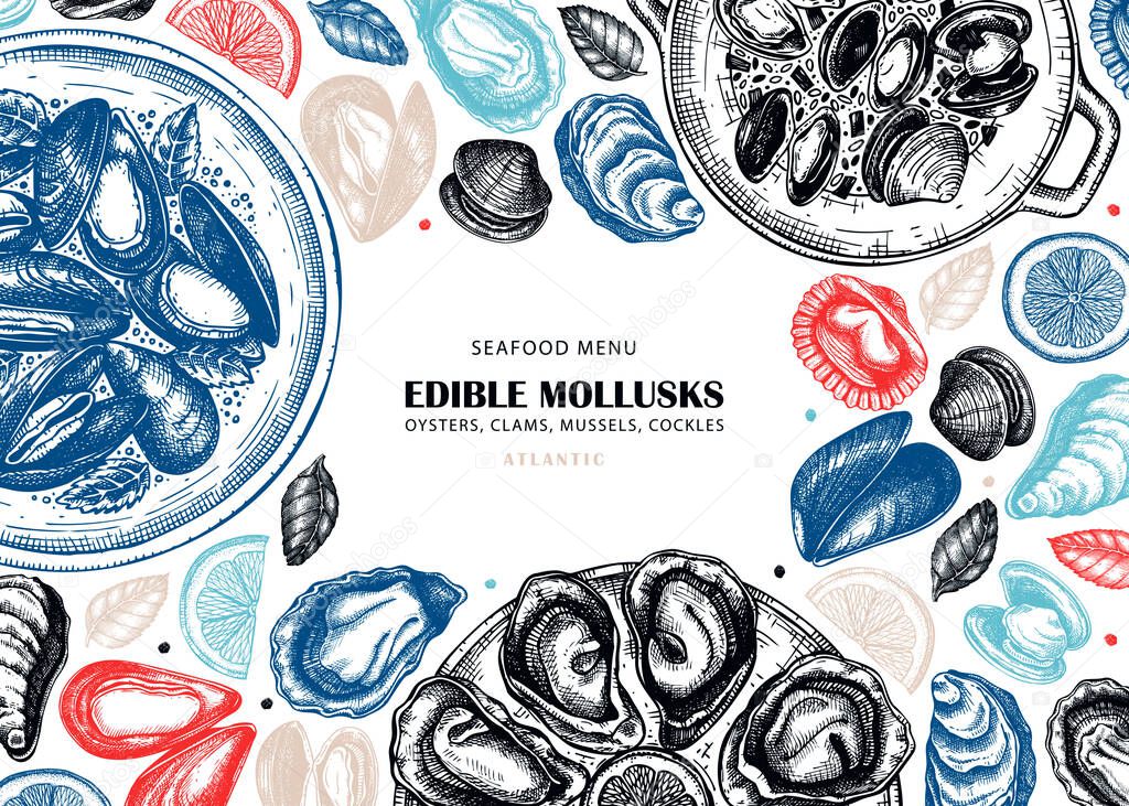 Hand drawn edible marine mollusks with herbs, spices and lemon d