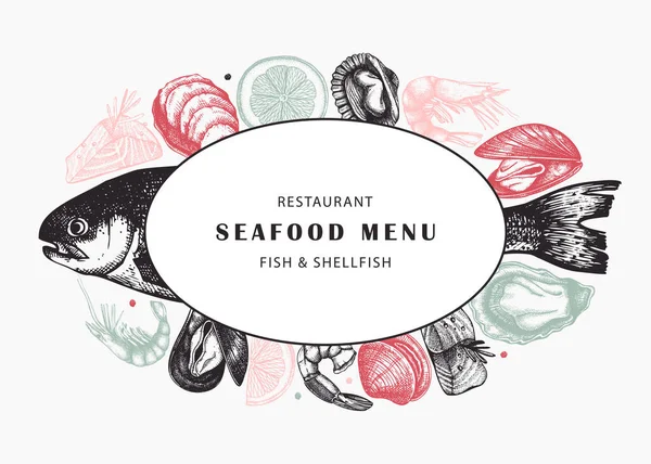 El yapımı balık ve kabuklu deniz ürünleri. Bitkiler, baharatlar, limon.. — Stok Vektör