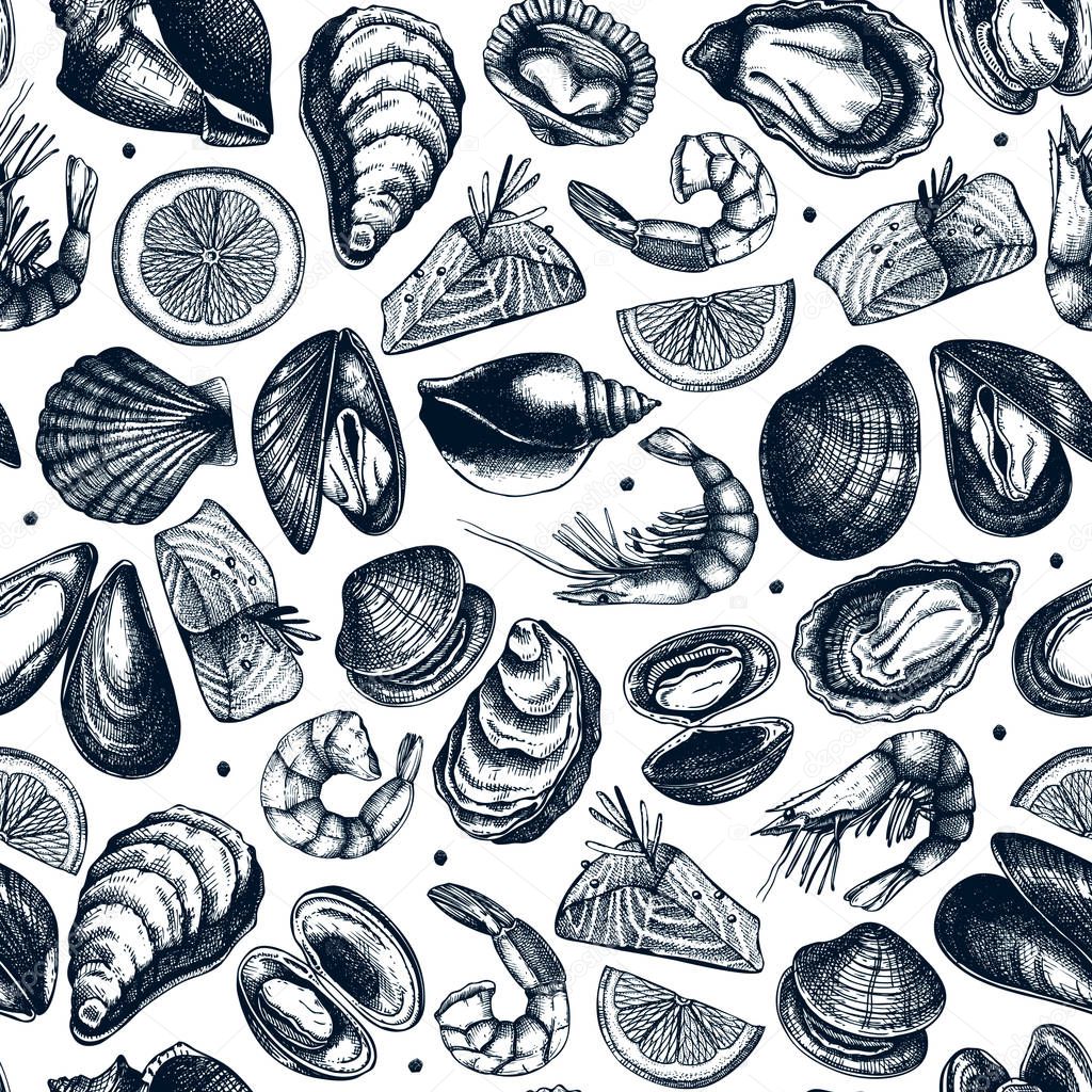 Vector seafood seamless pattern. Hand drawn fish, shellfish, shr