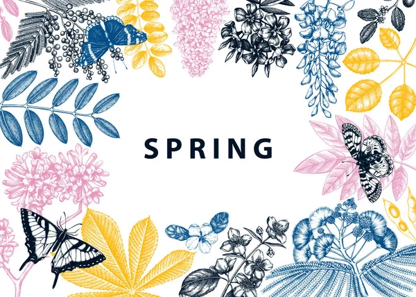 Diseño de marco de árboles florecientes primavera. Planta dibujada a mano en flores — Vector de stock