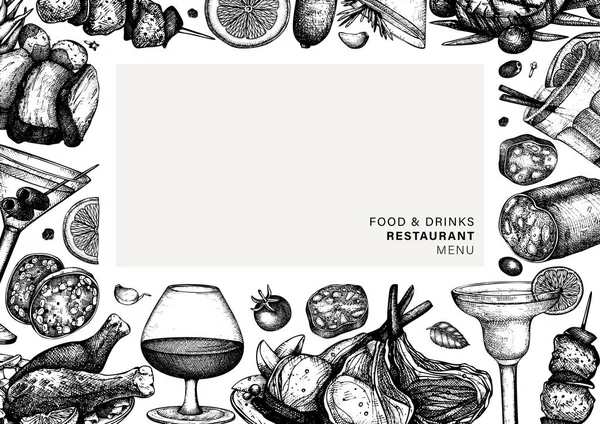 手绘食品和饮料框架设计。病媒肉类菜肴和 — 图库矢量图片