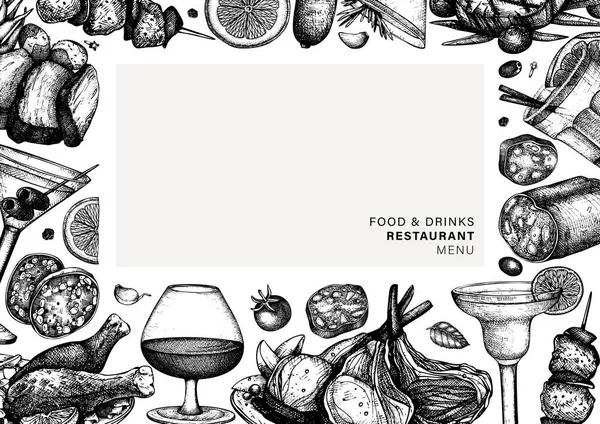 Conception de cadre d'aliments et boissons dessinés à la main. Plats de viande vectorielle et — Image vectorielle