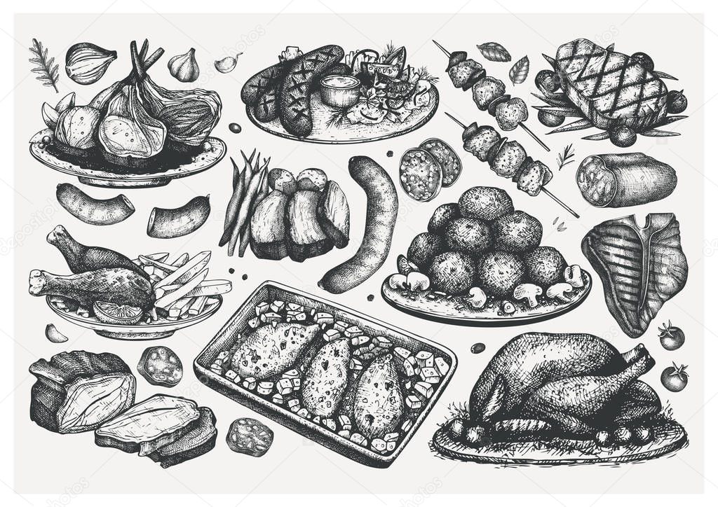 Hand drawn cooked meat dishes sketches set. Vector food illustra