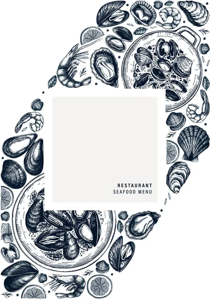 Vektor seafood desain selebaran A5. Tangan ditarik ikan, kerang, shri - Stok Vektor