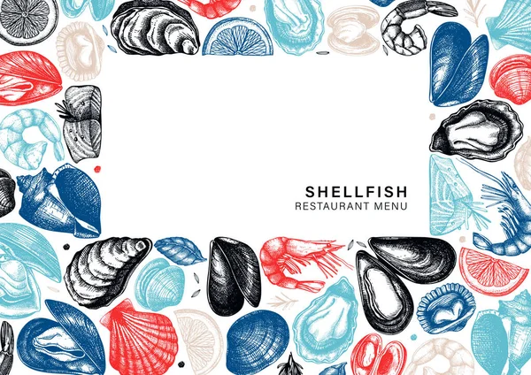 Векторні морепродукти Дизайн меню 4. Рука намальована риба, молюски, шрі — стоковий вектор