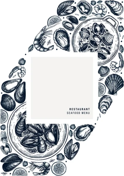 Vector seafood flyer design. Hand drawn fish, shellfish, shrimps — Διανυσματικό Αρχείο