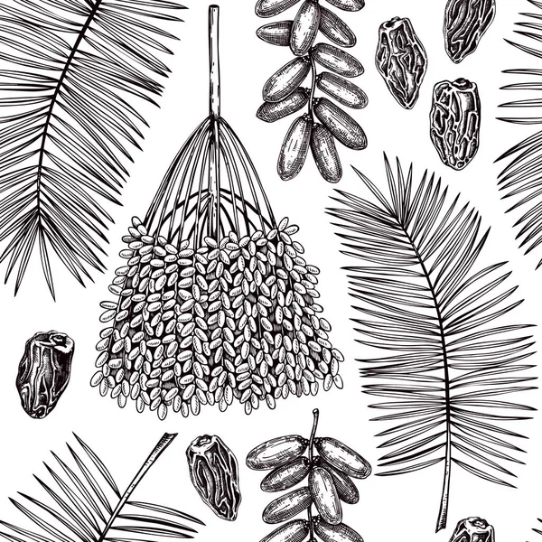 Handgezeichnete Dattelblätter Frische Und Getrocknete Früchte Palmen Zeichnen Nahtlose Muster — Stockvektor